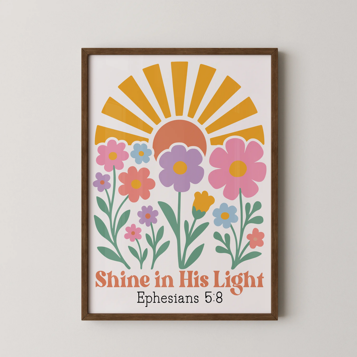 An illustrative modern artwork of a sunlit garden with flowers, rendered in pink, lavender, yellow, and blue.