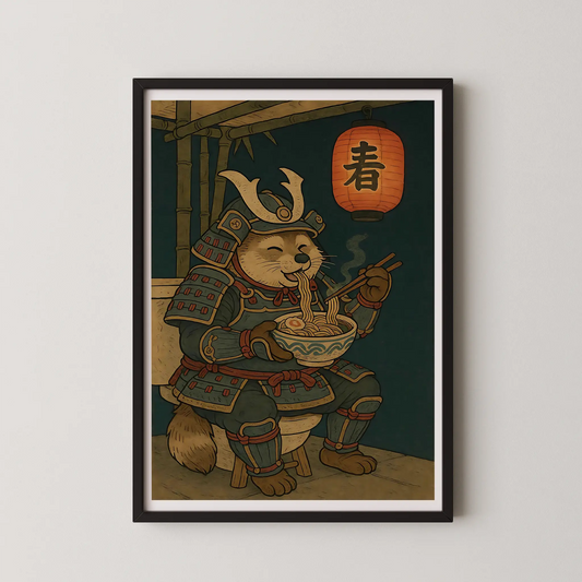 A vintage-style digital illustration of a tanuki in samurai armor joyfully eating ramen, with a Japanese spring lantern above.