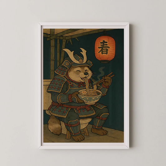 A vintage-style digital illustration of a tanuki in samurai armor joyfully eating ramen, with a Japanese spring lantern above.