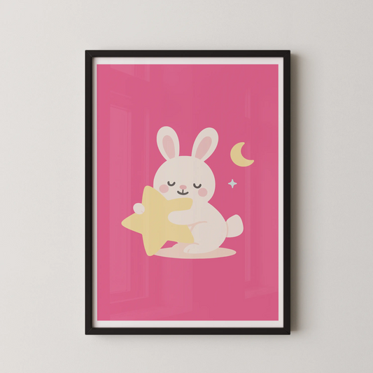 A modern flat vector illustration of a bunny hugging a star.