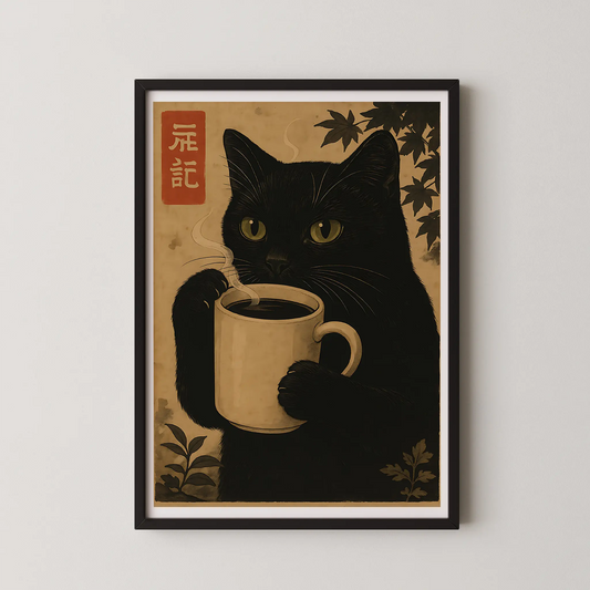 A vintage Japanese-style art print of a black cat holding a steaming mug of coffee, with stylized maple leaves and an aged paper effect.
