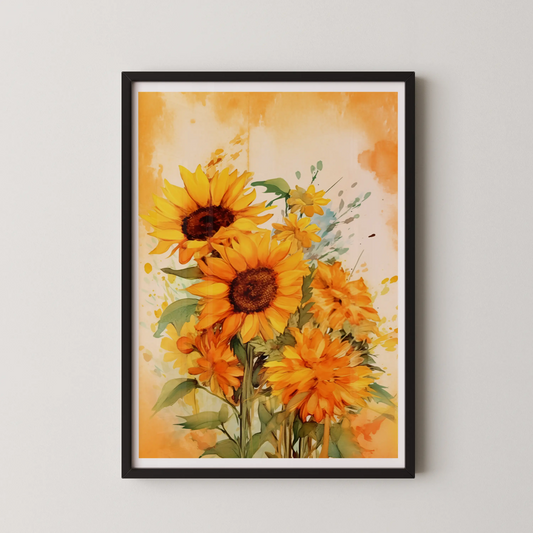 A modern art print of vibrant sunflowers in a watercolor style.