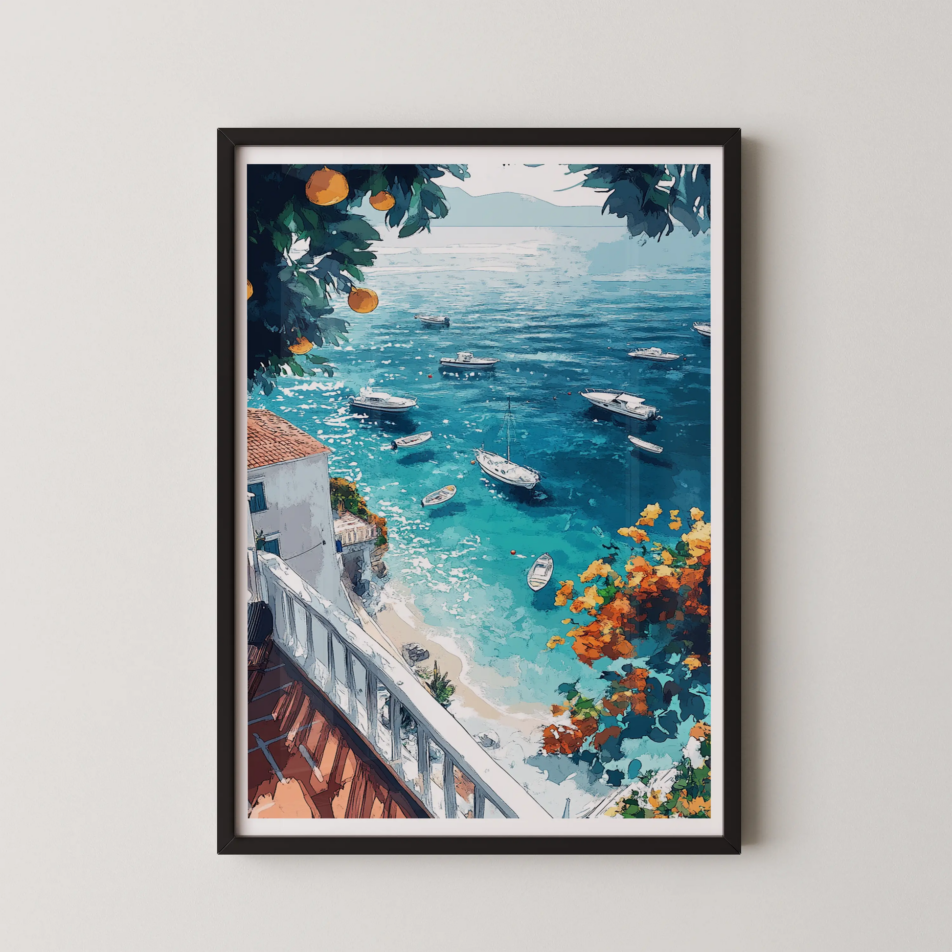 A modern illustrative wall art of a coastal harbor with boats, framed by orange blooms and greenery.
