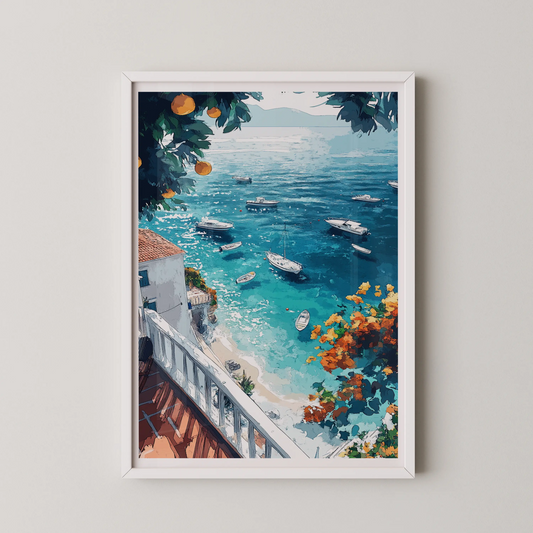 A modern illustrative wall art of a coastal harbor with boats, framed by orange blooms and greenery.