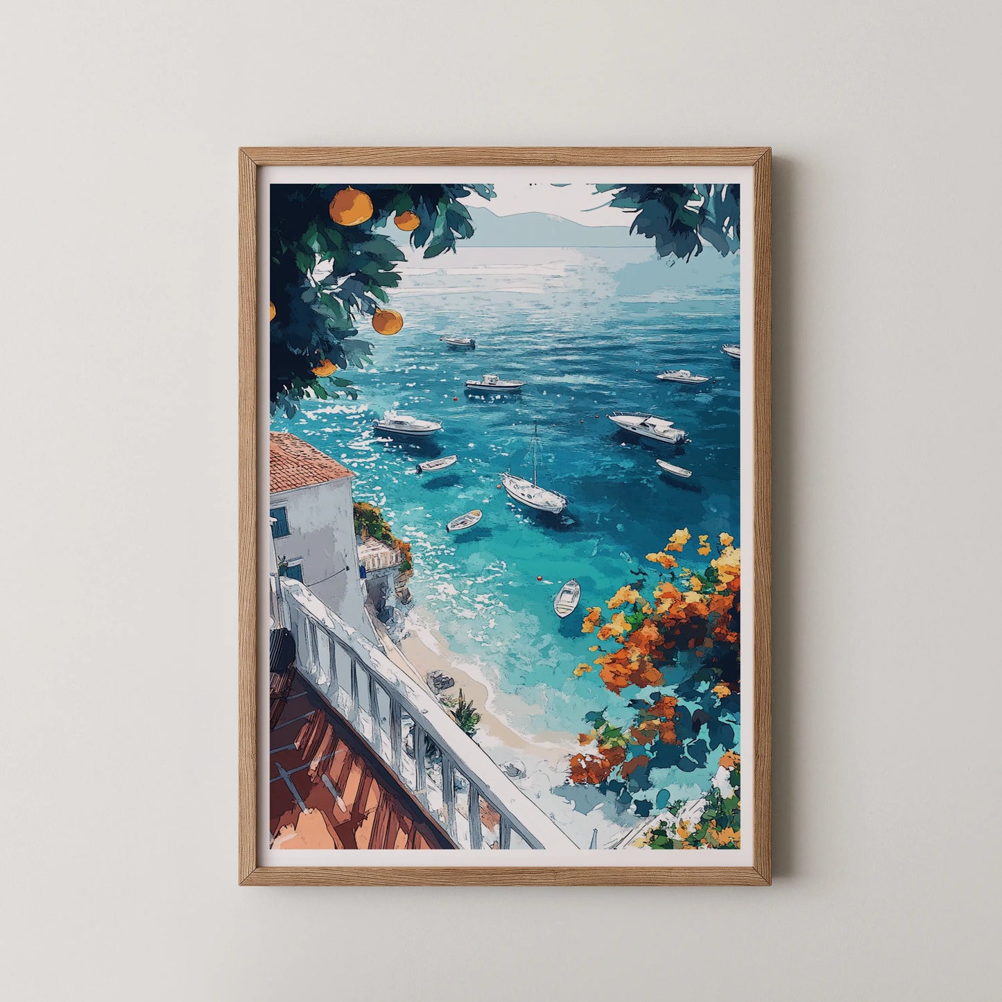 A modern illustrative wall art of a coastal harbor with boats, framed by orange blooms and greenery.