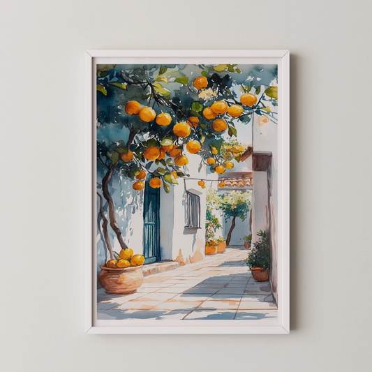 A modern watercolor print of a sunlit citrus alleyway with dominant hues of orange, green, and white.