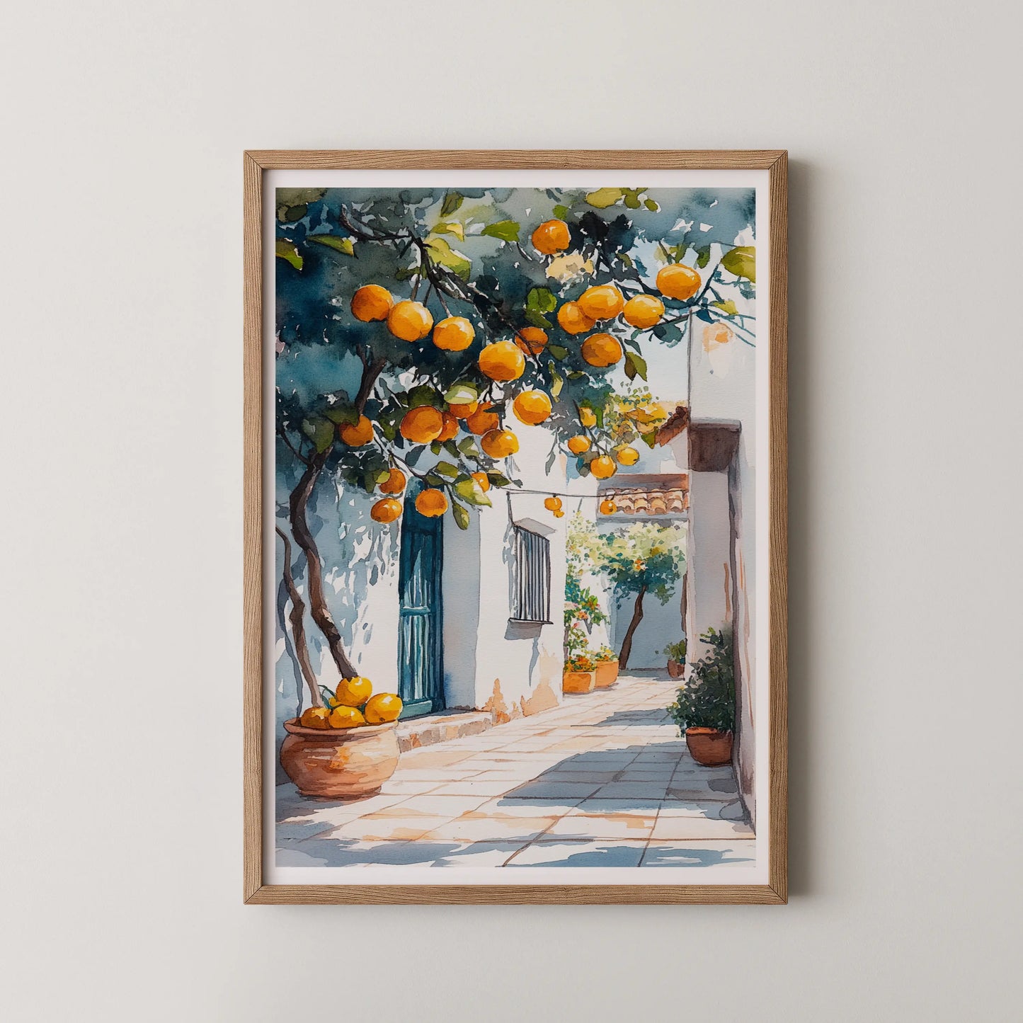 A modern watercolor print of a sunlit citrus alleyway with dominant hues of orange, green, and white.