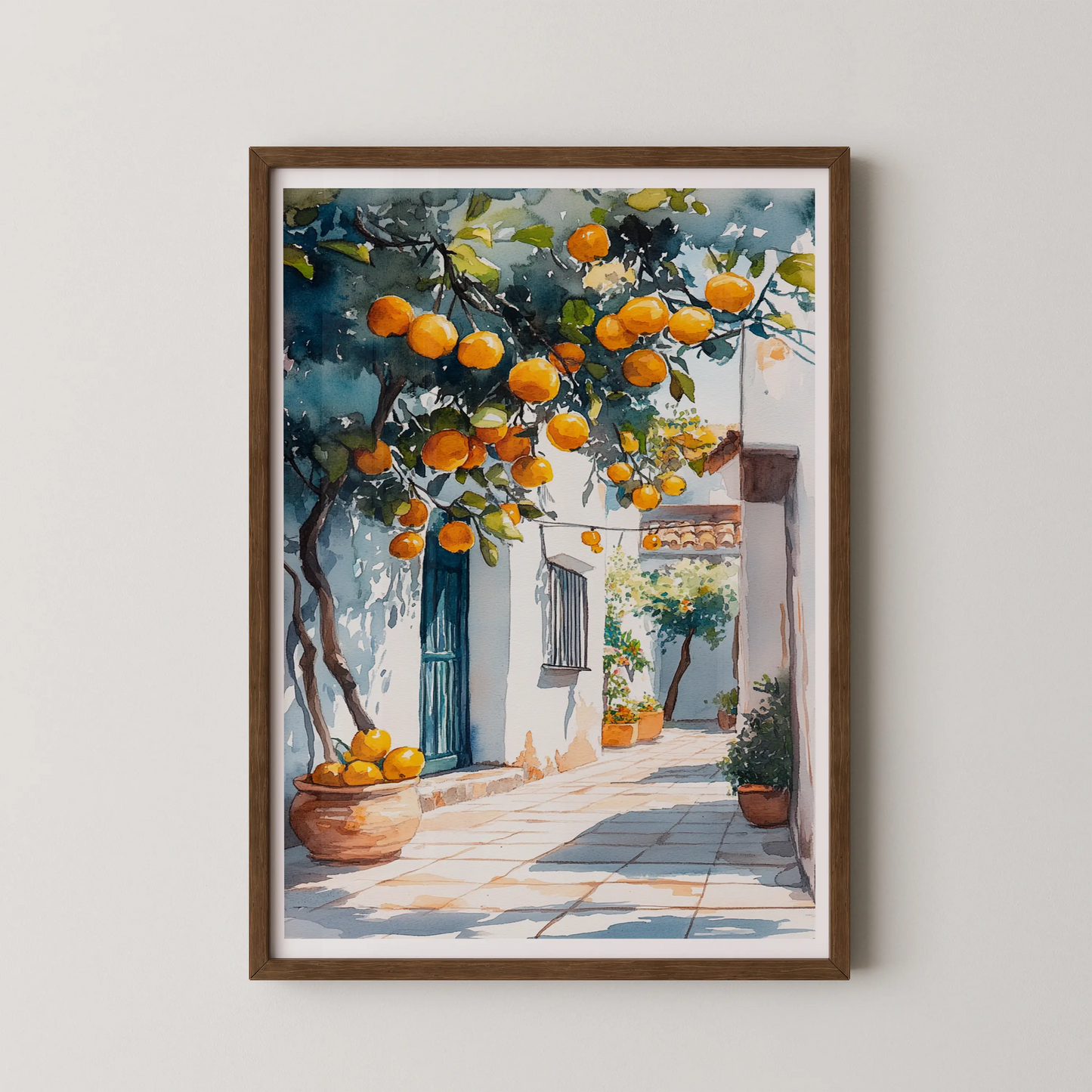 A modern watercolor print of a sunlit citrus alleyway with dominant hues of orange, green, and white.