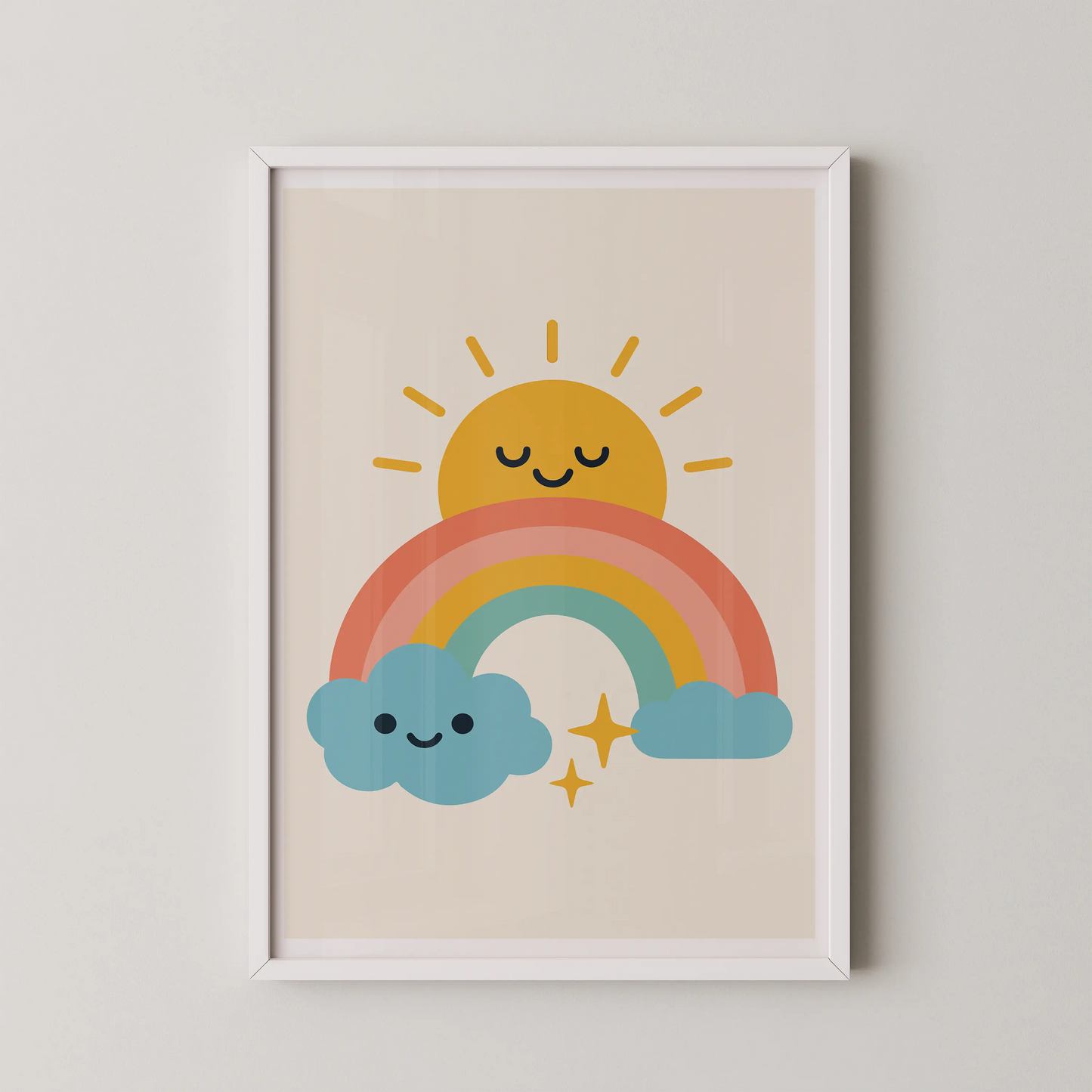 A modern minimalist wall art print of a happy sun with clouds and a rainbow, in a kids room.