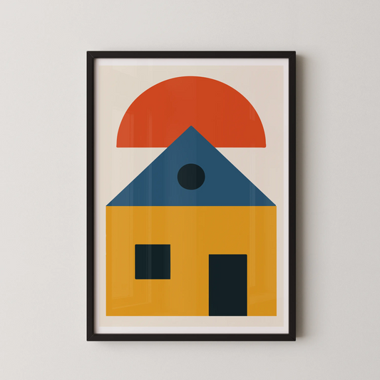 A minimalist geometric house artwork with a vibrant sun, in a modern style.