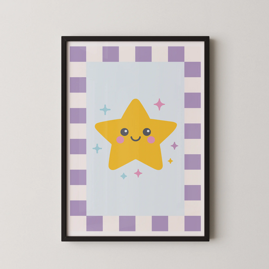 A flat vector Pop Art style illustration of a cute, smiling yellow Kawaii Star with rosy cheeks and sparkling eyes.