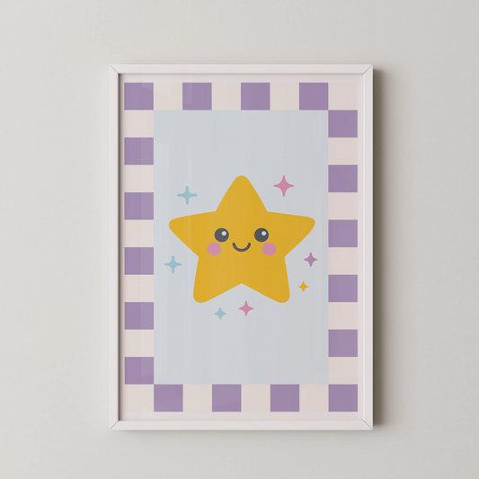 A flat vector Pop Art style illustration of a cute, smiling yellow Kawaii Star with rosy cheeks and sparkling eyes.