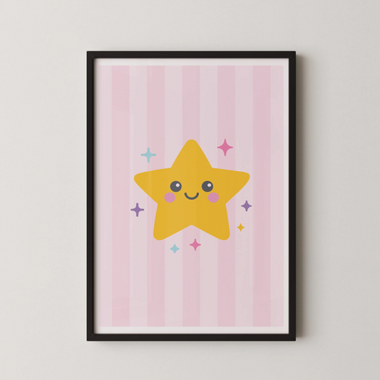 A minimalist kawaii star with a smiling face in a flat digital vector illustration style.