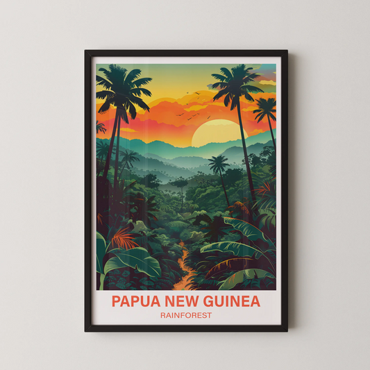 A modern digital vector illustration of the Papua New Guinea Rainforest at sunset, with silhouetted palm trees framing layered hills.