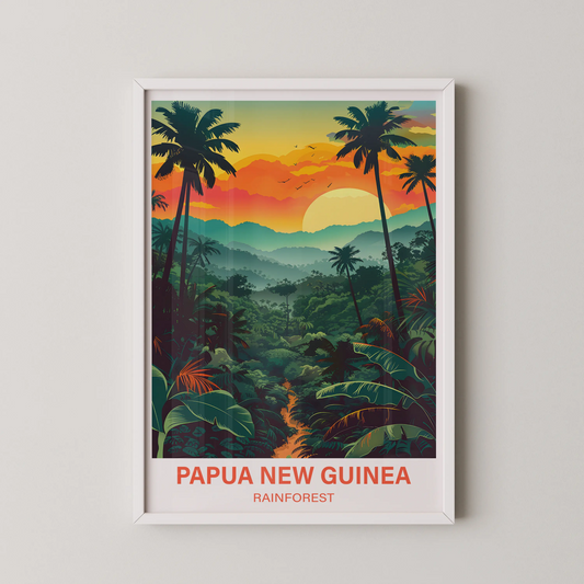 A modern digital vector illustration of the Papua New Guinea Rainforest at sunset, with silhouetted palm trees framing layered hills.