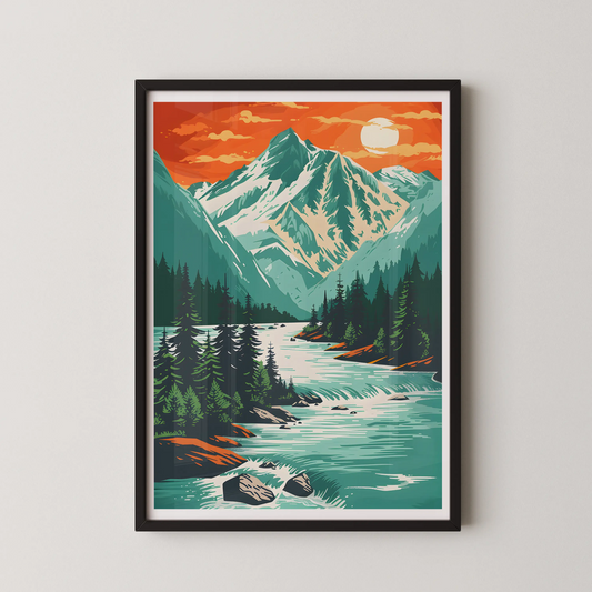 A geometric alpine landscape in a modern vector illustration style, featuring mountains, river, and sunset.
