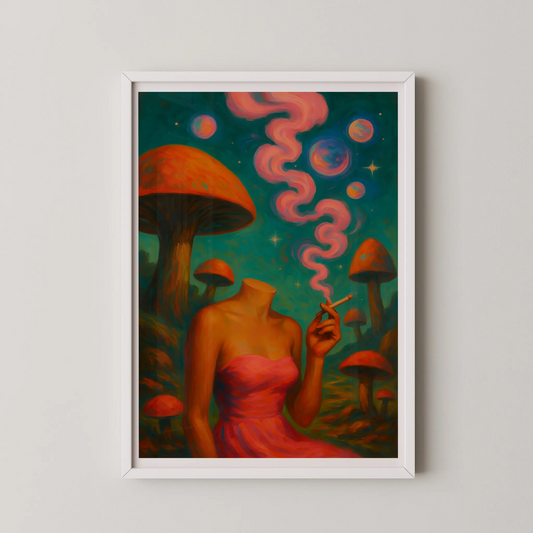 A framed wall art poster featuring a surreal, headless figure in a pink dress amidst oversized mushrooms, with abstract planets in a teal background, rendered in an abstract art style.