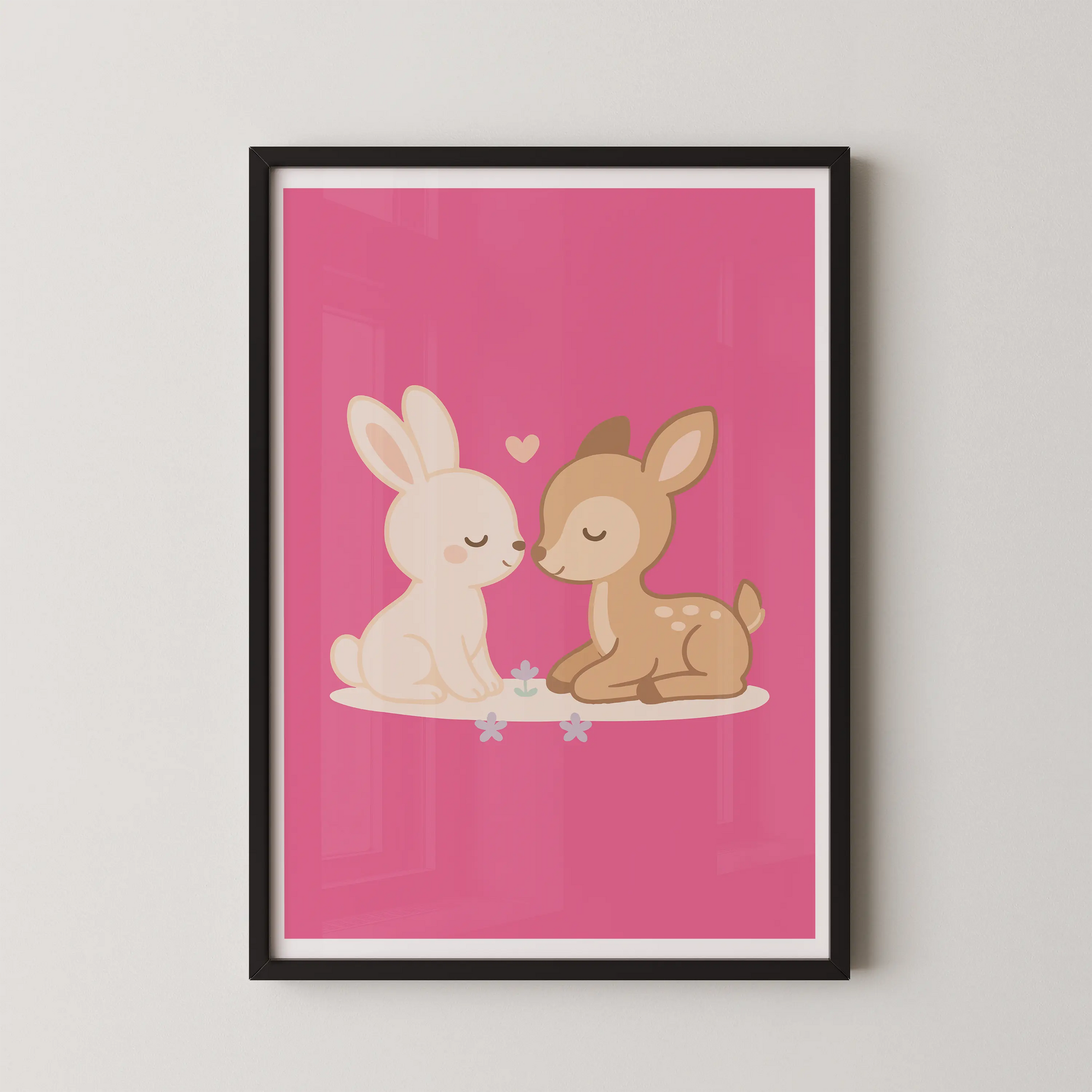 A modern flat illustration of two rabbits, one cream white and one sand brown, sitting opposite each other with a small heart between them.