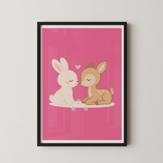A modern flat illustration of two rabbits, one cream white and one sand brown, sitting opposite each other with a small heart between them.