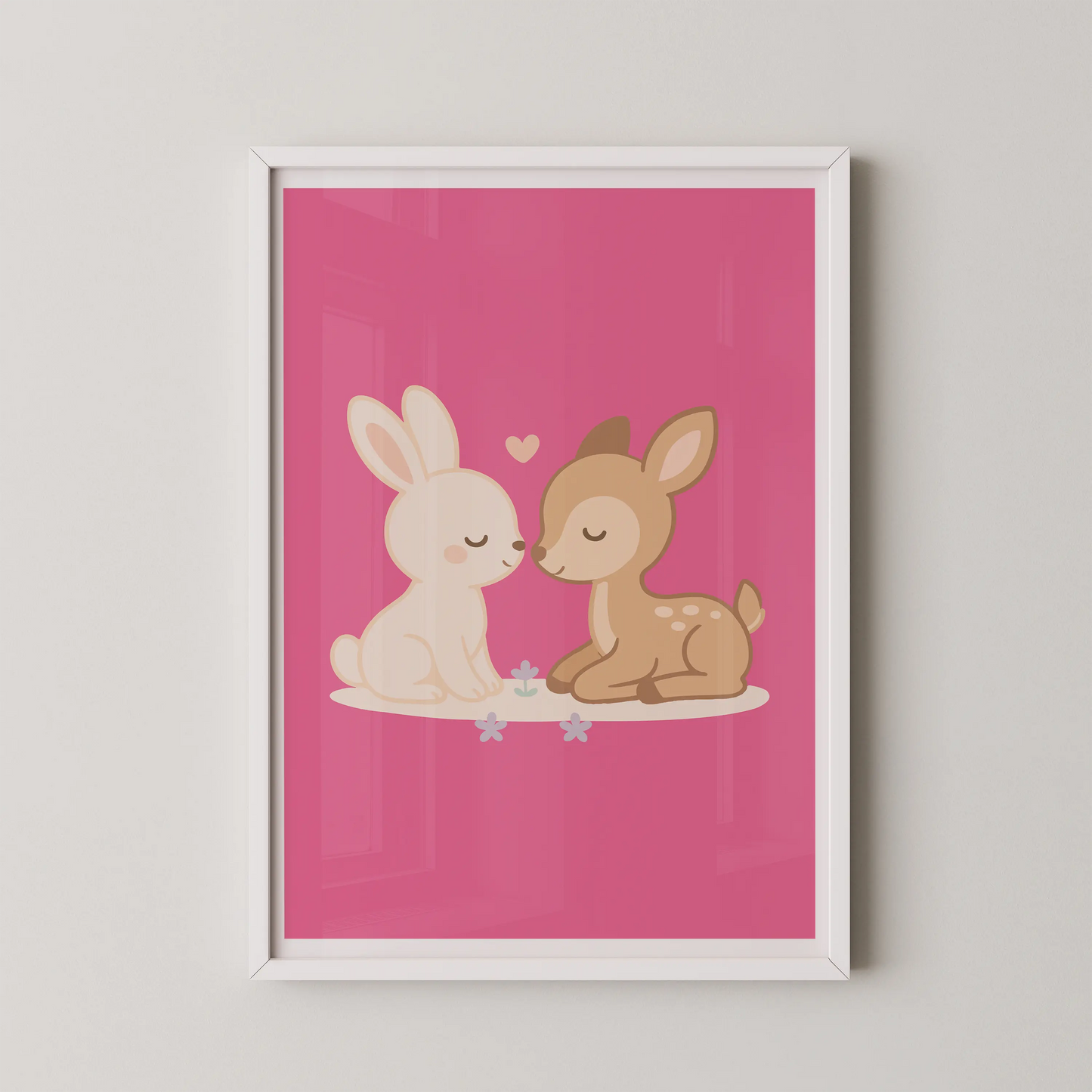 A modern flat illustration of two rabbits, one cream white and one sand brown, sitting opposite each other with a small heart between them.