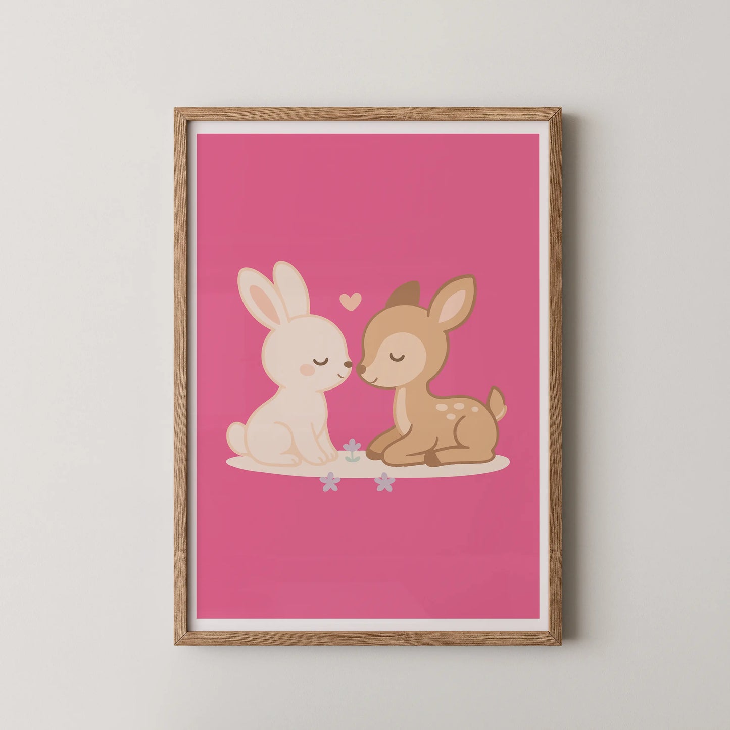 A modern flat illustration of two rabbits, one cream white and one sand brown, sitting opposite each other with a small heart between them.