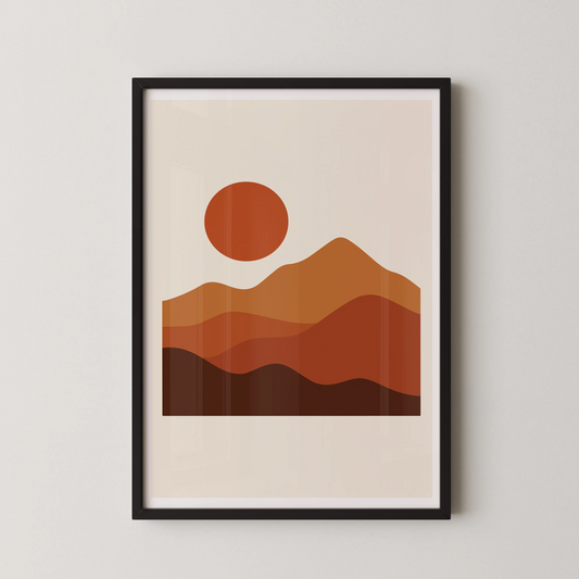 A modern minimalist abstract wall art featuring earthy hills and a bold orange sun, perfect for a serene living room.
