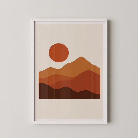 A modern minimalist abstract wall art featuring earthy hills and a bold orange sun, perfect for a serene living room.