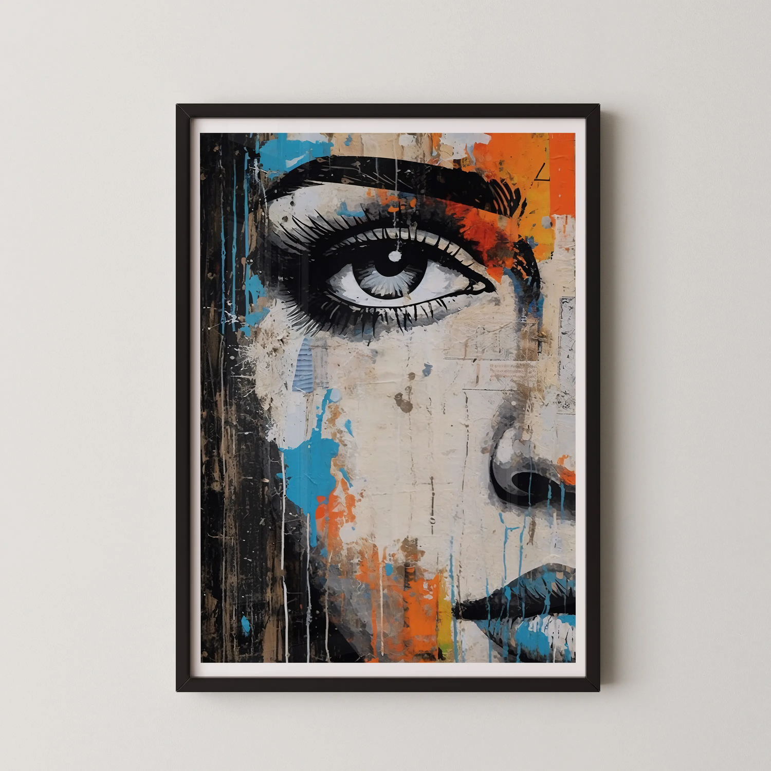 A graffiti-style wall art poster of an urban woman's portrait with teal, burnt orange, and black accents.