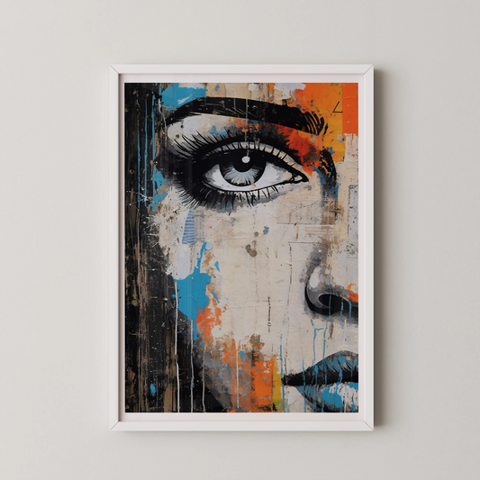 A graffiti-style wall art poster of an urban woman's portrait with teal, burnt orange, and black accents.