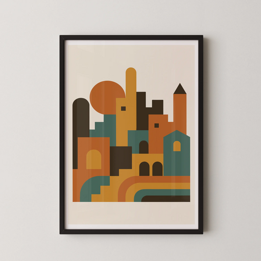 A modern abstract geometric cityscape artwork in a modern style.