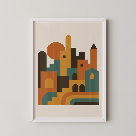 A modern abstract geometric cityscape artwork in a modern style.