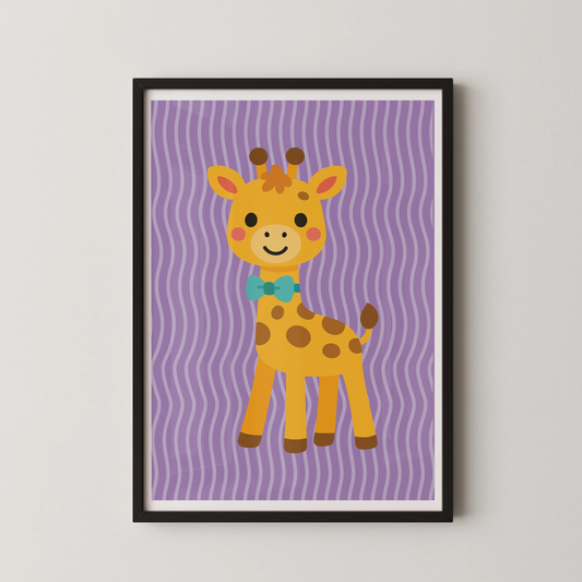 A flat vector illustration of a stylized giraffe wearing a teal bow tie, in a modern art style.