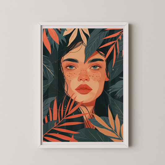 A modern digital illustration of a woman surrounded by lush foliage, embodying a harmonious blend of humanity and nature.