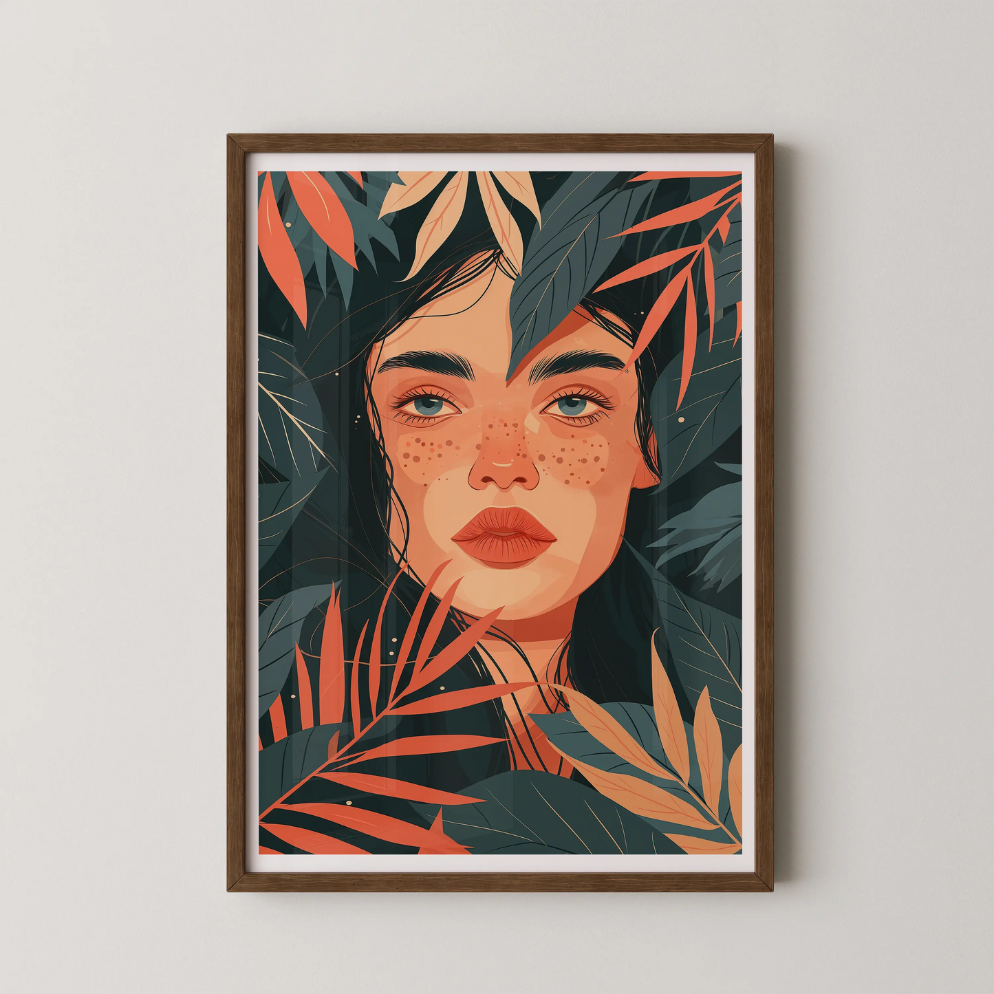 A modern digital illustration of a woman surrounded by lush foliage, embodying a harmonious blend of humanity and nature.