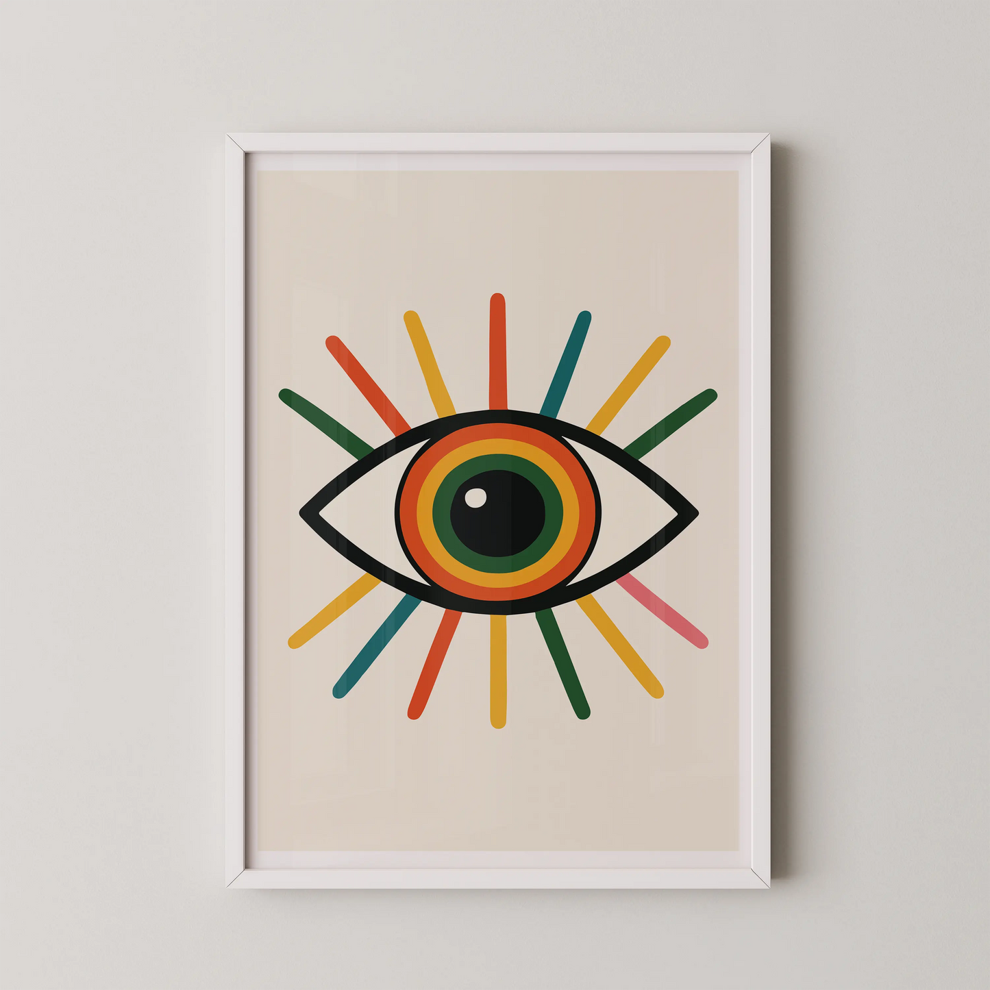 A modern pop art print of a stylized eye in vibrant orange, emerald green, and coral pink.