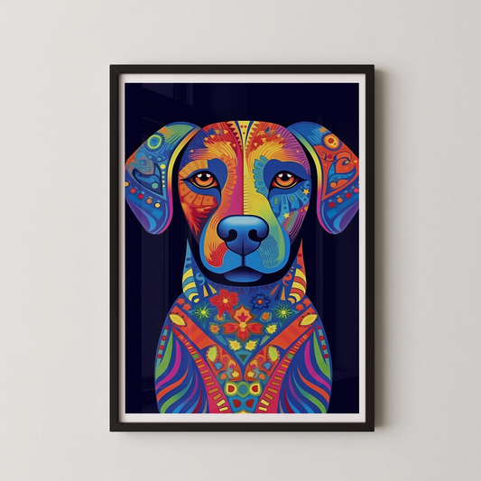 A modern digital art portrait of a vibrant canine companion.