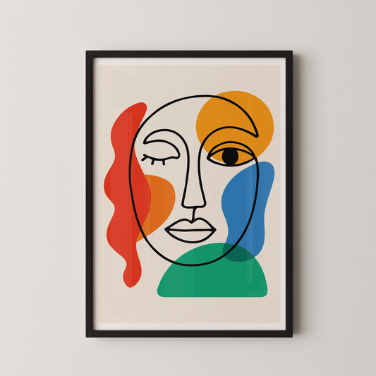 A modern abstract wall art poster featuring a stylized face with vibrant colors.