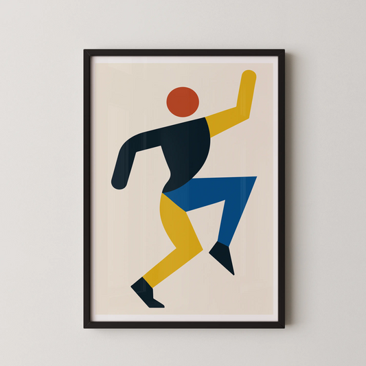 A modern abstract geometric shapes wall art with dynamic movement in blue, yellow, and red.