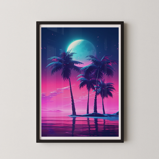 A modern art poster featuring silhouetted palm trees against a vibrant twilight sky in a surrealist style.