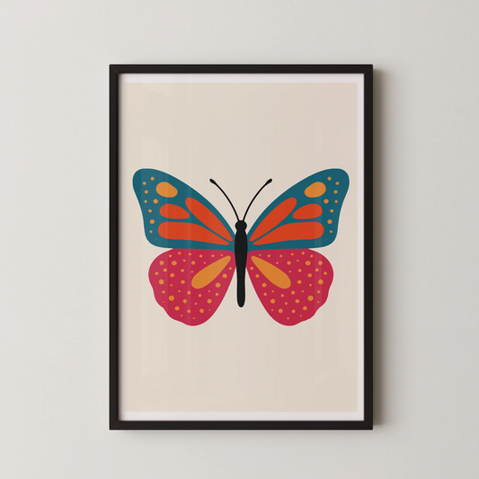 A modern flat-style artwork featuring a butterfly with vibrant turquoise, orange, pink, and yellow wings on a cream background.