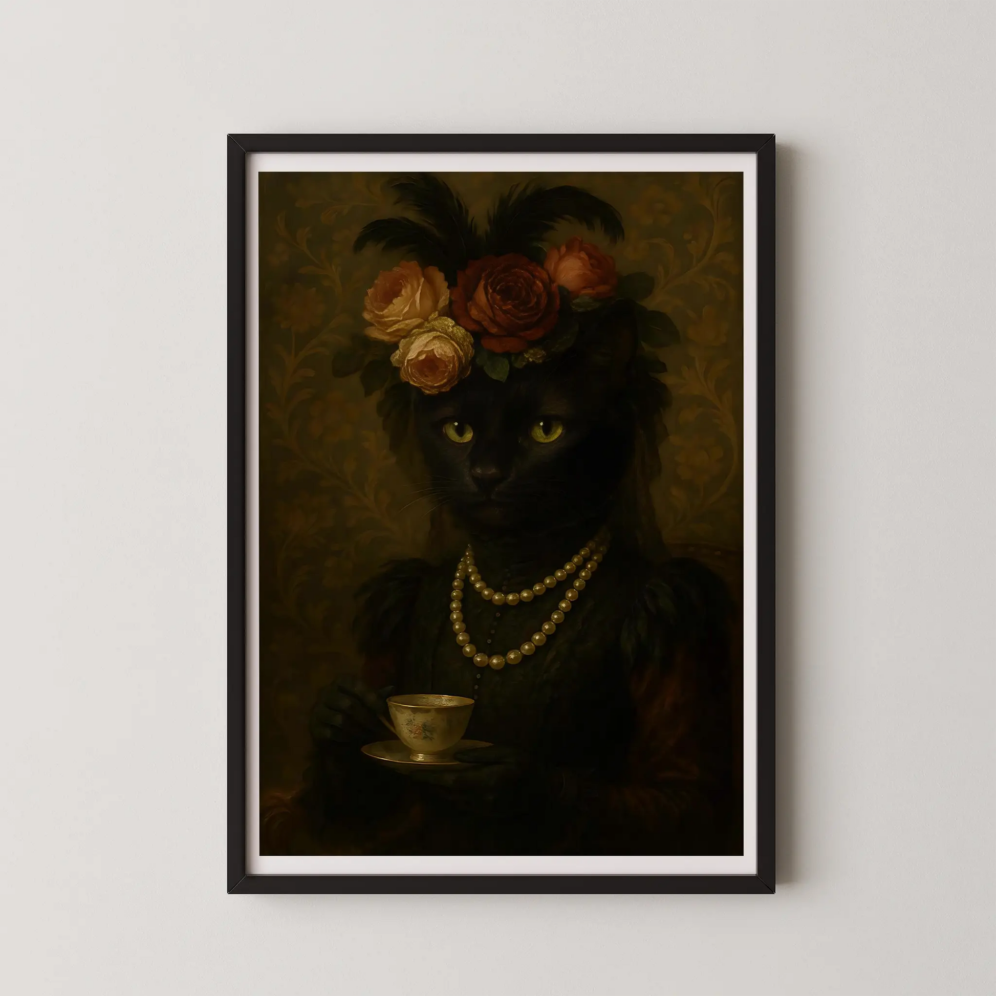 A framed oil painting poster of a Victorian black cat holding a teacup.
