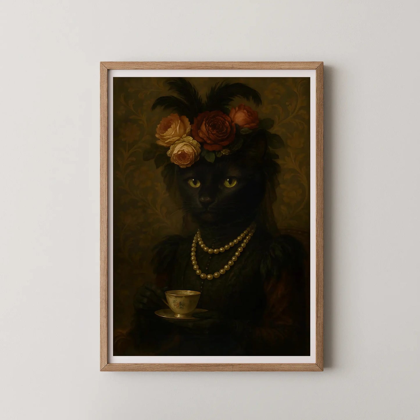 A framed oil painting poster of a Victorian black cat holding a teacup.