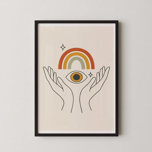 A minimalist illustration of two hands holding a mystical eye with a rainbow, by Desmuralis.