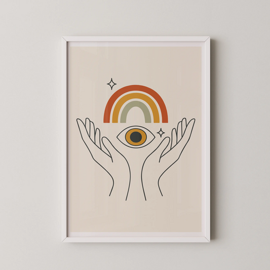 A minimalist illustration of two hands holding a mystical eye with a rainbow, by Desmuralis.