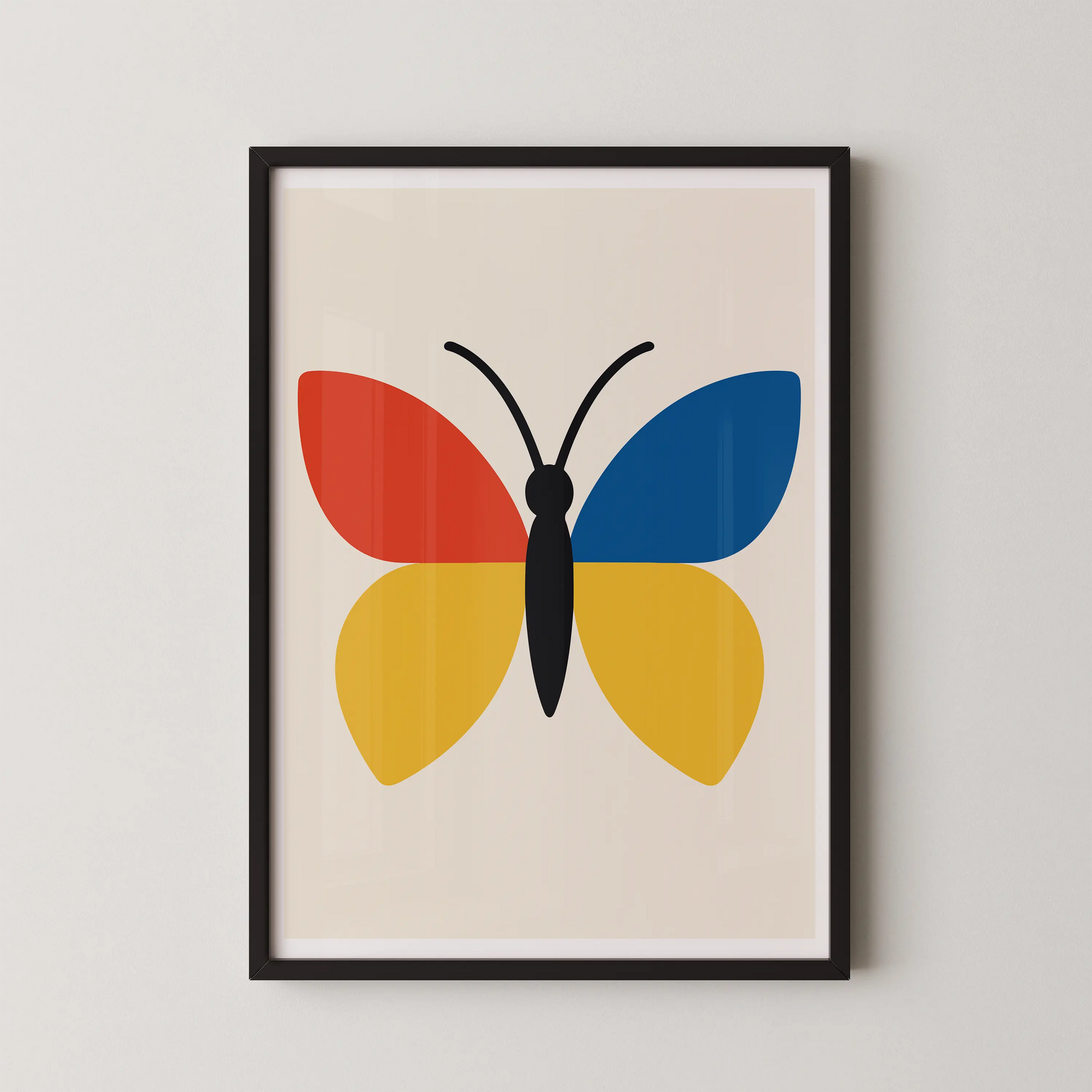 A modern minimalist abstract wall art poster featuring a vibrant butterfly in red, blue, and yellow.