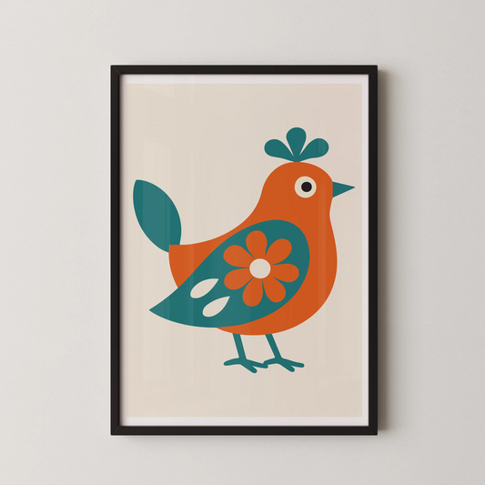 A modern illustrative stylized bird wall art with a flower motif, in a mid-century modern style.