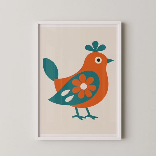 A modern illustrative stylized bird wall art with a flower motif, in a mid-century modern style.