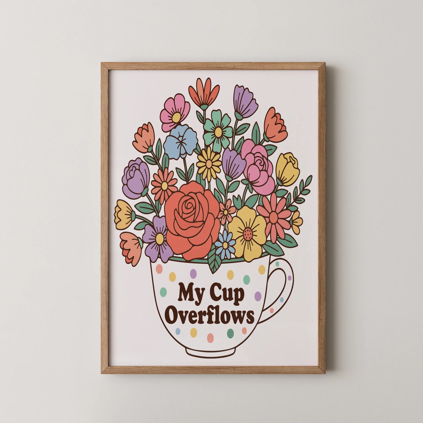 A whimsical floral teacup illustration in a modern style, with the phrase 'My Cup Overflows'.