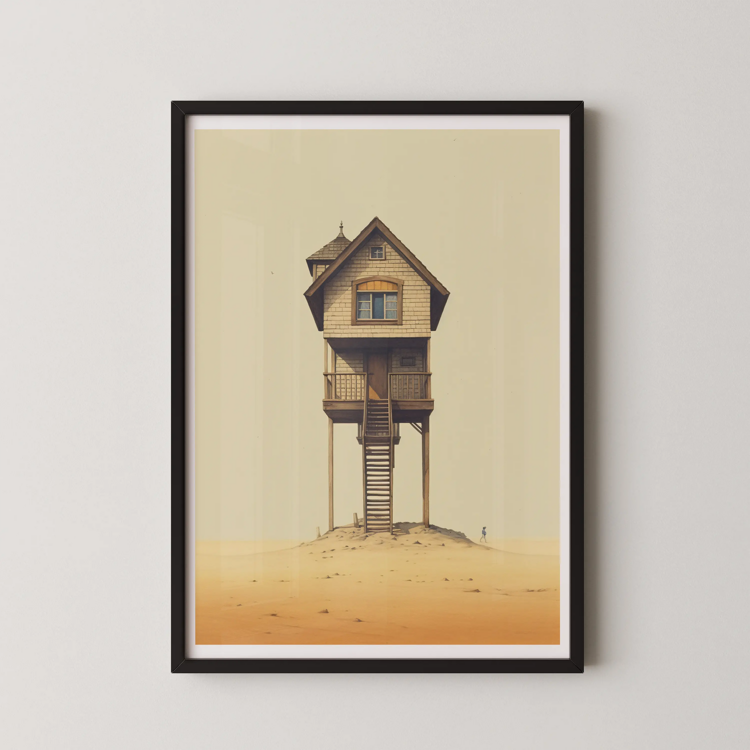 A modern abstract wall art poster featuring a solitary house on stilts in a surreal desert landscape.