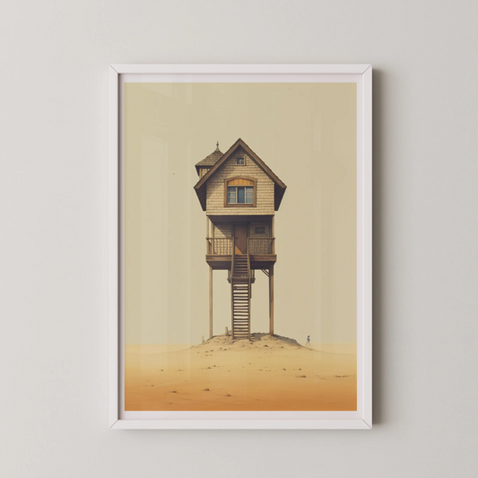 A modern abstract wall art poster featuring a solitary house on stilts in a surreal desert landscape.
